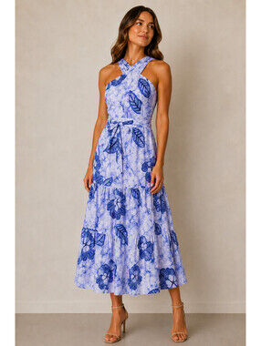 White House black market MIDI DRESS sz 2 (XS-S) white summer chiffon blue floral